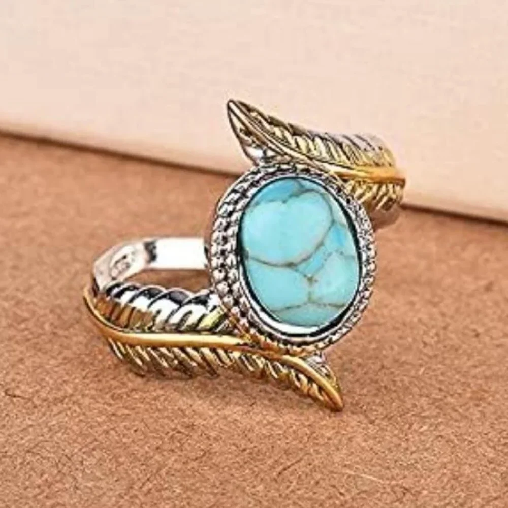 Silver Turquoise Feather Ring Womens Silver‎ Gold Plated Party Wedding
